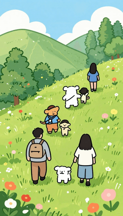 简笔画素材：初夏治愈风：二次元简笔画家庭爬山出游