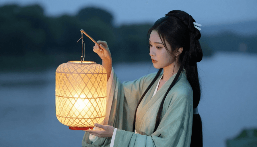 人物肖像素材：青衫女子持灯映暮色古风广告