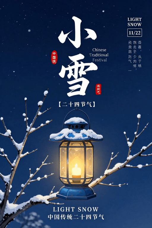 文化海报素材：小雪节气水墨与复古提灯艺术海报