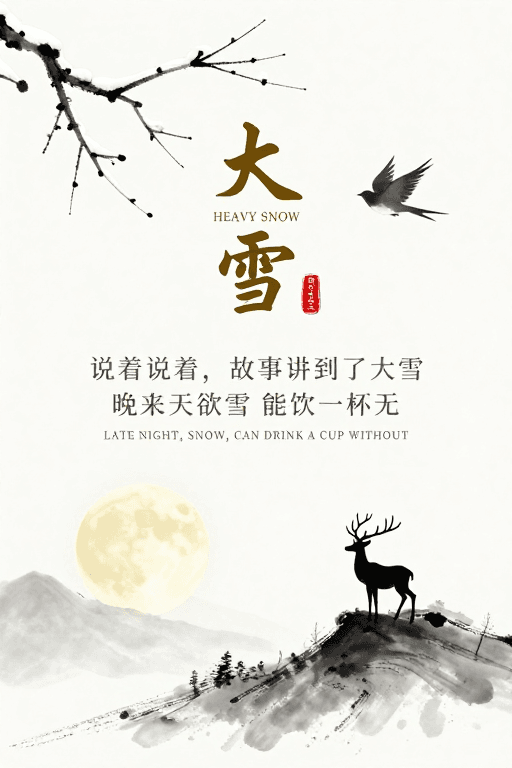 书法标题素材：大雪节气水墨意境海报：清冷雪夜与诗意东方美学