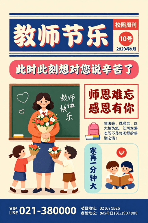 感恩主题素材：复古校园教师节海报：感恩师恩的温馨插画