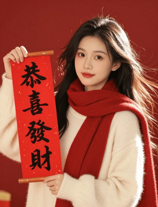 高清写真素材：新春佳节：长发美女手持对联迎接幸福