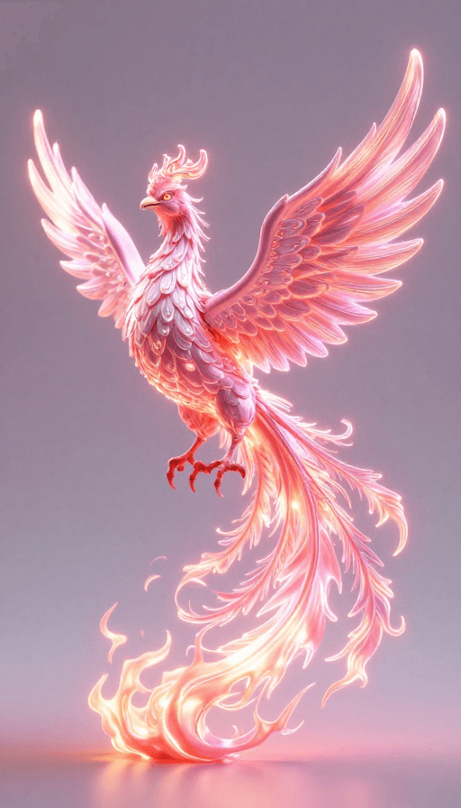 艺术插画素材：粉色光芒中的凤凰浴火重生：3D梦幻幻象
