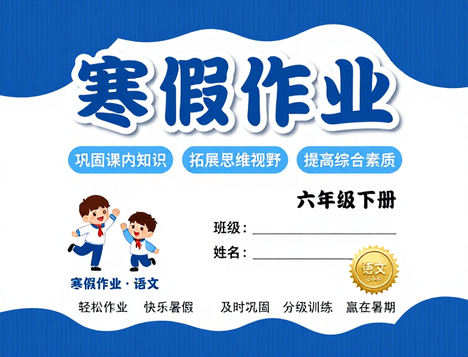 校园文化素材：蓝白波浪设计六年级语文寒假作业封面