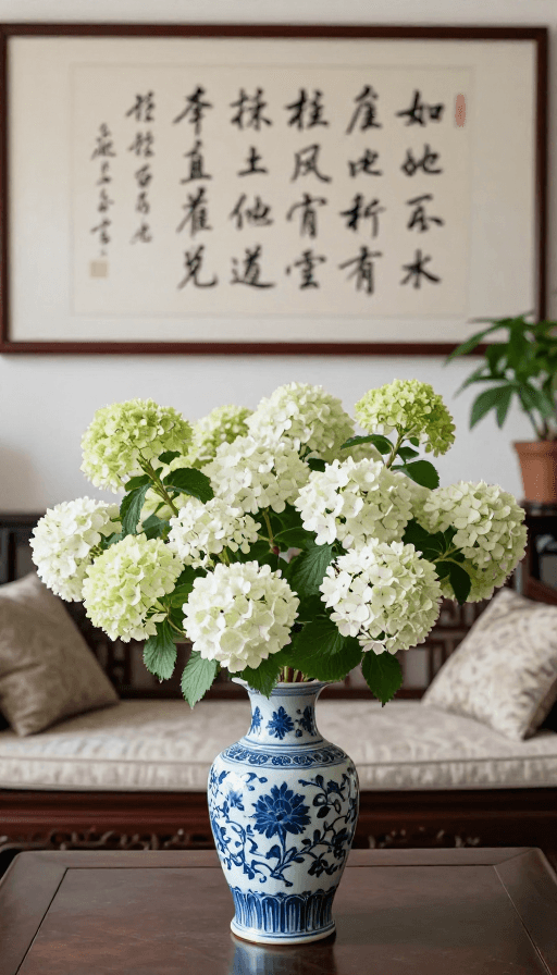 青花瓷瓶素材：青花瓷与百朵中华绣球绽放于雅致中式客厅