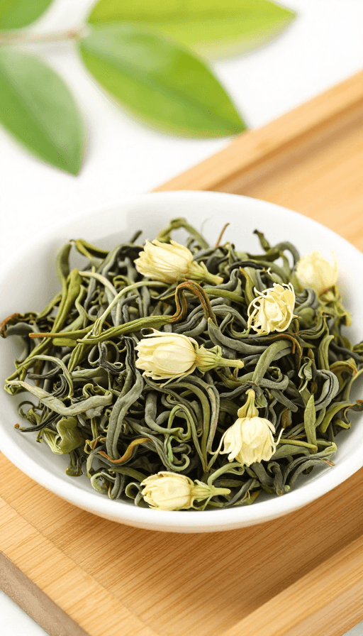 茉莉花茶素材：白瓷碗盛满翠绿茶卷与淡黄茉莉花