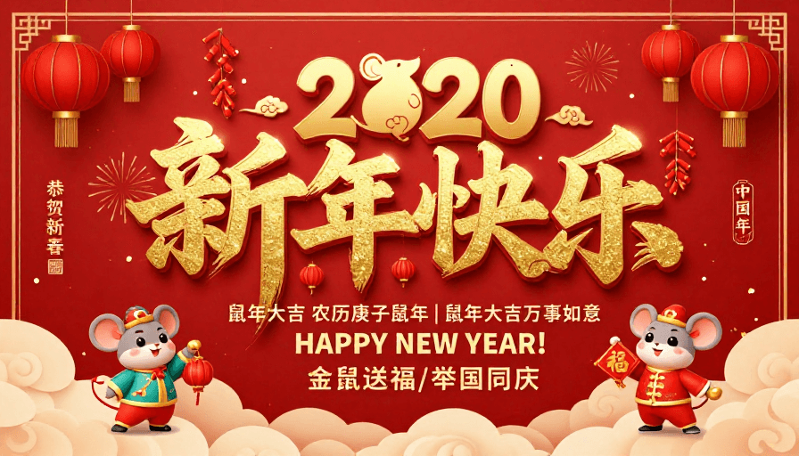 节庆插画素材：2020鼠年中国风新年喜庆烫金海报