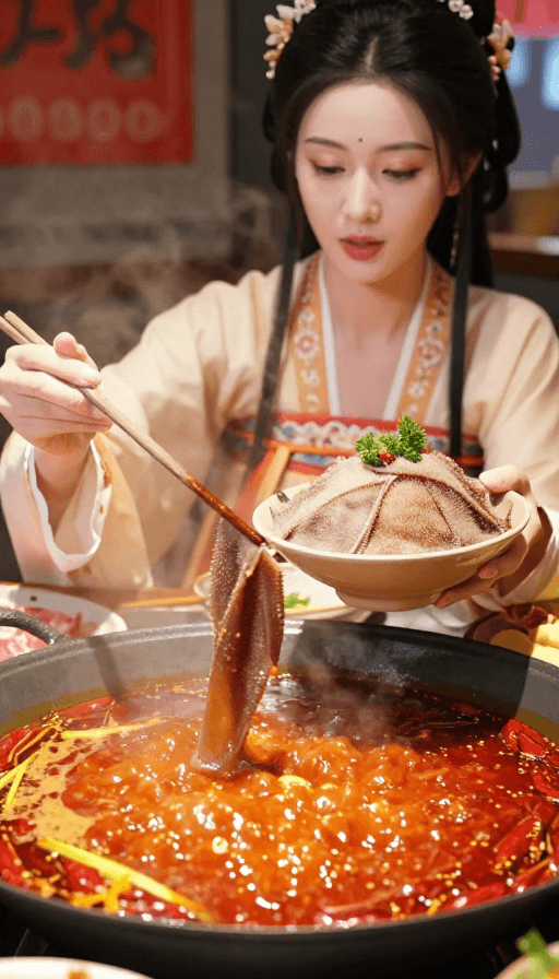重庆火锅素材：古风女子涮重庆红汤火锅电影质感特写