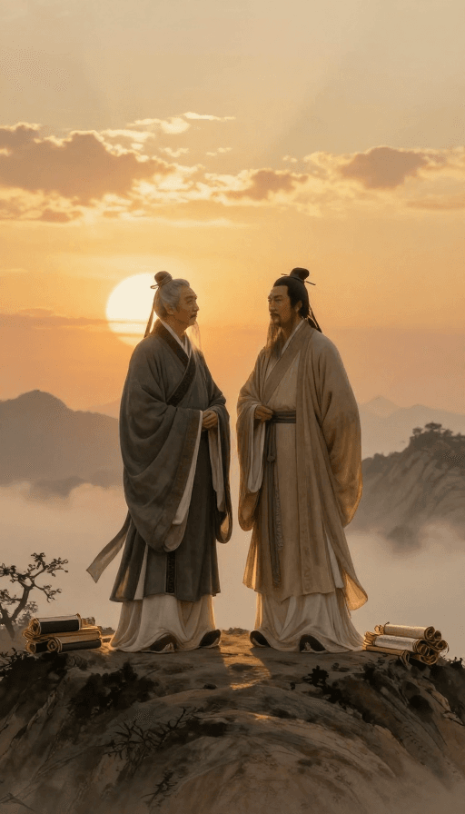 山水画素材：暮年千古文圣：李白与孔子水墨山水意境图