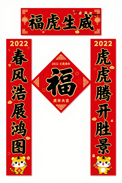 新年装饰素材：传统书法红金春节福字对联设计