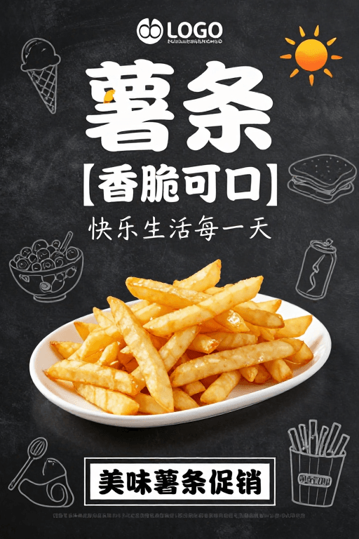 现代简约设计素材：金黄薯条现代海报：黑板风食欲广告