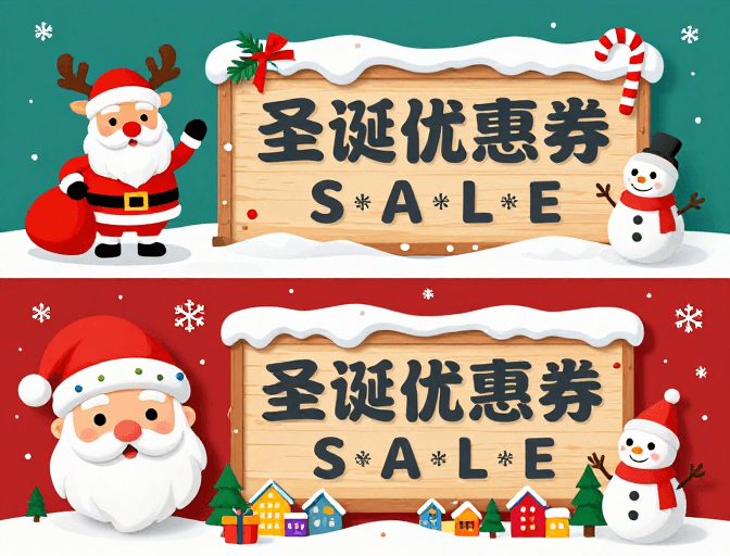圣诞促销素材：圣诞促销海报：双版插画营造童趣节日氛围