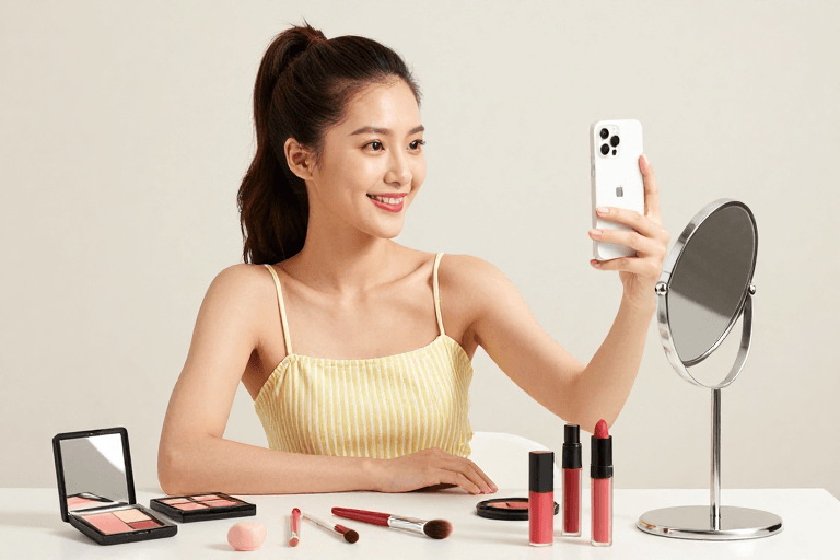 广告图素材：亚洲女性自拍展示美妆产品，高质感广告图