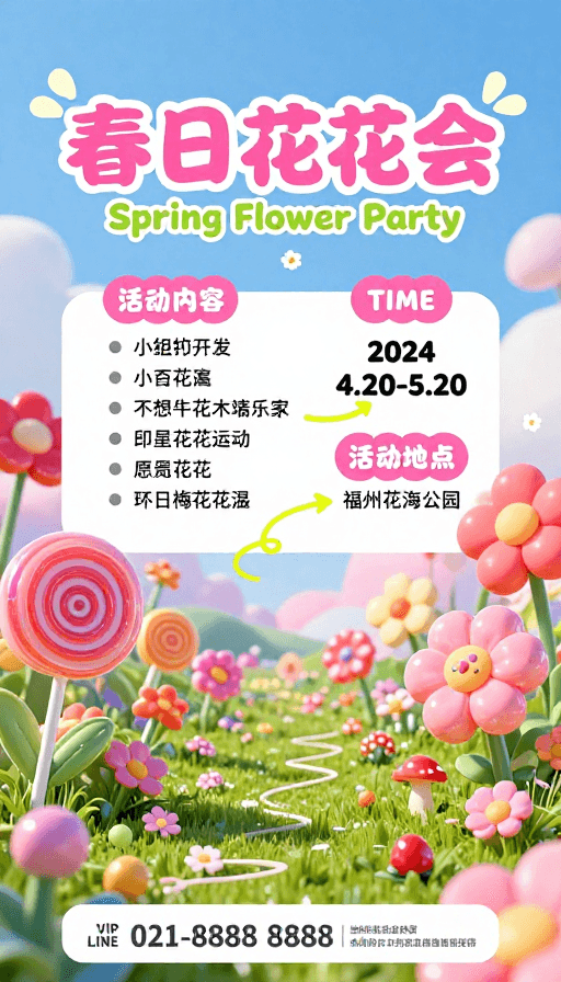 活动时间素材：梦幻糖果风春日花花会海报：童趣与活力