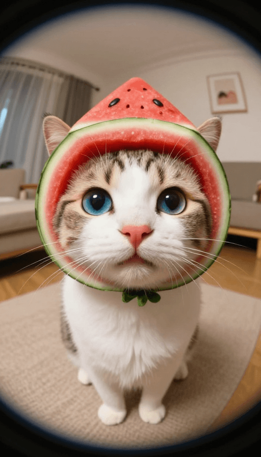 社交媒体头像素材：超写实电影感：戴西瓜头套的萌猫微笑瞬间