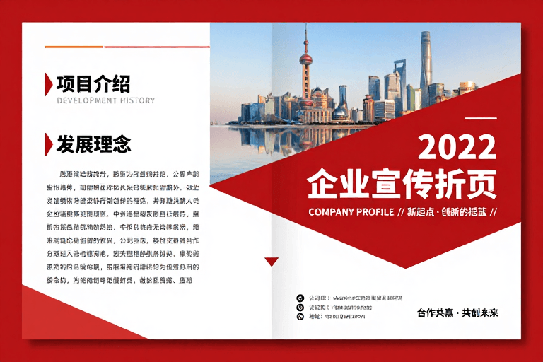 红白配色素材：现代商务风企业宣传折页：红白主调与城市天际线融合