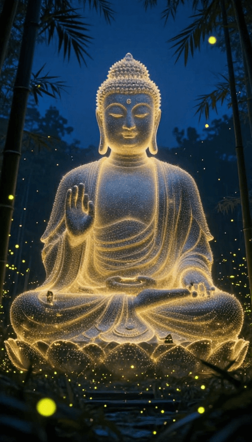 超现实风格素材：夜空中萤火虫幻化庄严佛影｜超现实禅意艺术