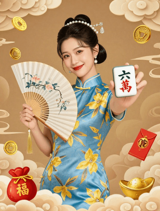 春节插画素材：蓝黄旗袍女子持扇显六万麻将 祥云福袋贺新春