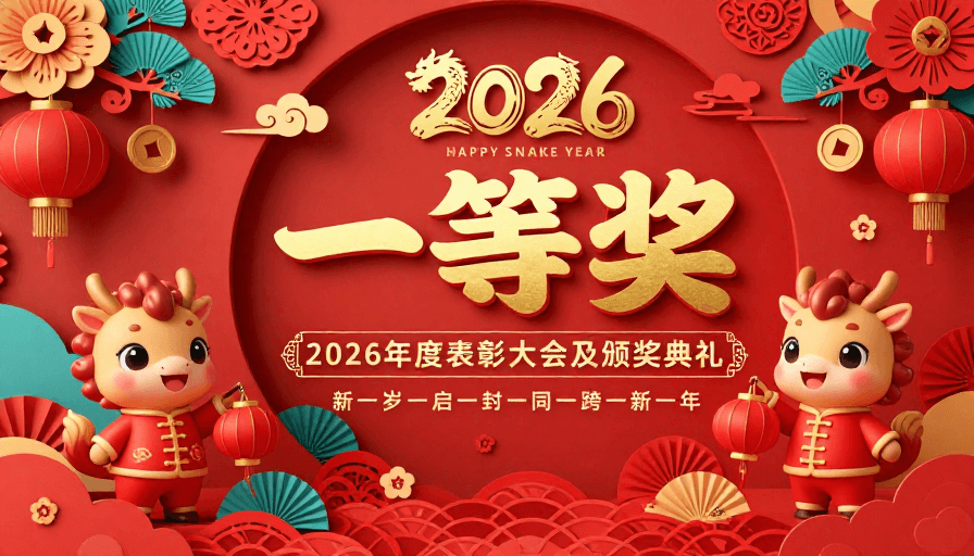 新年庆典素材：2026新年盛典：红金中国风一等奖庆典海报