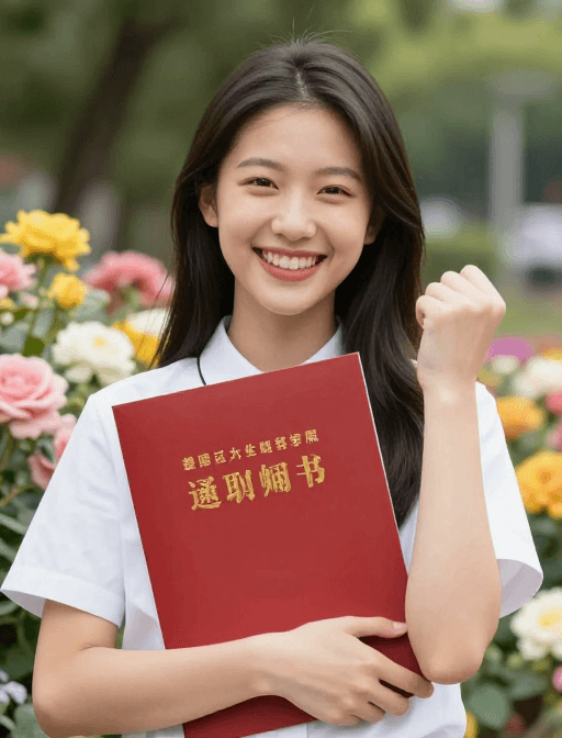 学业成就素材：女孩手捧录取通知书，鲜花环绕笑靥如花