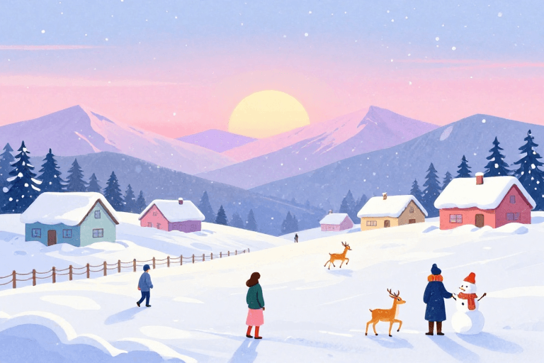 UI设计背景素材：梦幻冬日雪景插画：暖落日与静谧小屋