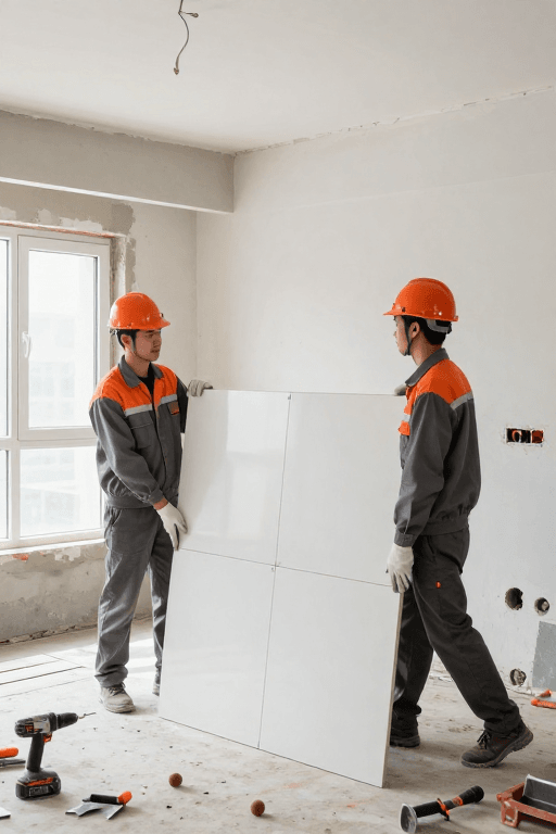 建材搬运素材：专业工人合力搬运建材，彰显家装施工品质