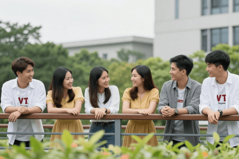 年轻群体素材：青春活力：六位亚洲青年在现代城市背景下自然合影