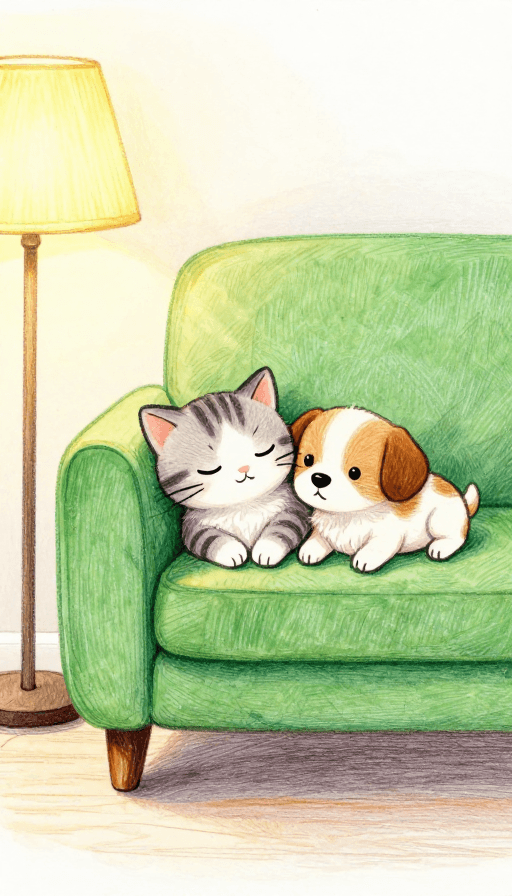 温馨插画素材：暖光依偎：彩铅笔绘萌趣小宠时光
