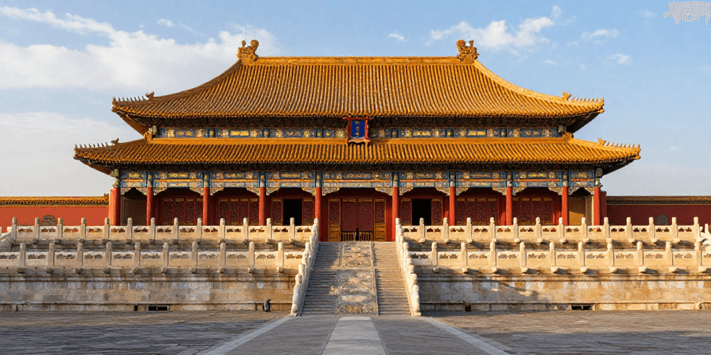 清晨摄影素材：故宫太和殿：金瓦朱柱晨曦全景