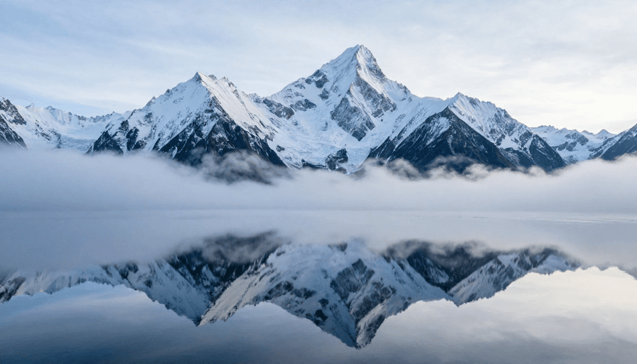 湖泊倒影素材：巍峨雪峰映平湖：冷调光影中的静谧壮美