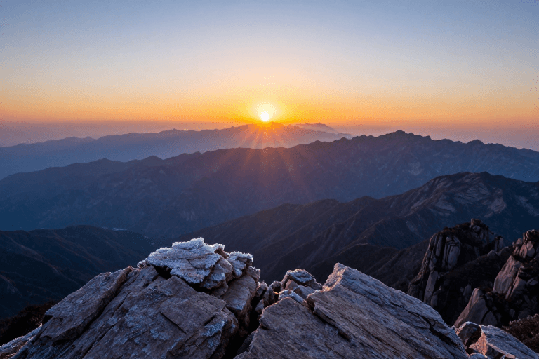 风景宣传素材：晨曦之巅：高崖日出星芒与霜晶的壮丽光影