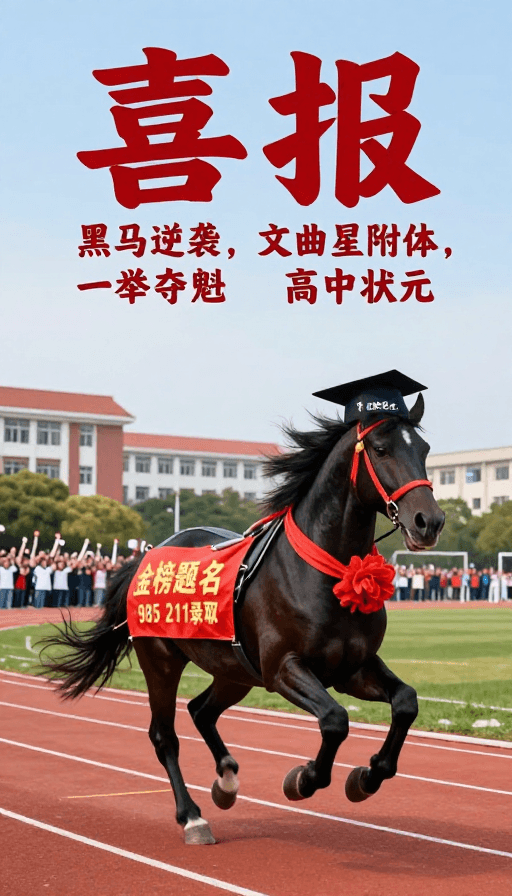 插画风素材：金榜题名！黑马奔腾助力高考学子喜报绽放