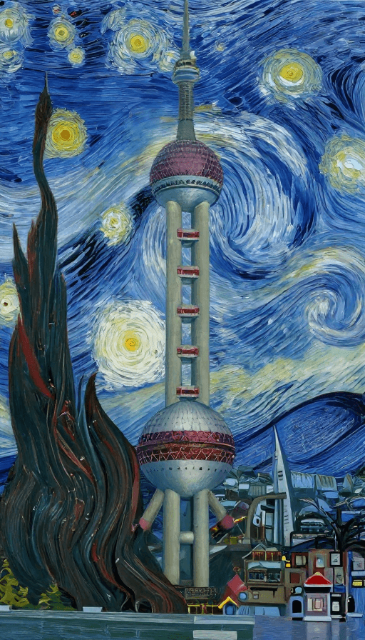 上海地标素材：梵高星空下的上海夜景：笔触流转的东方明珠