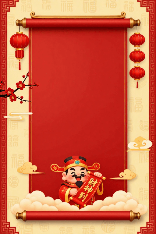 节日海报模板素材：新春财神吉祥卷轴背景图