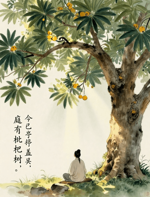 背影构图素材：古典诗意：手绘中庭枇杷树下的诗人背影