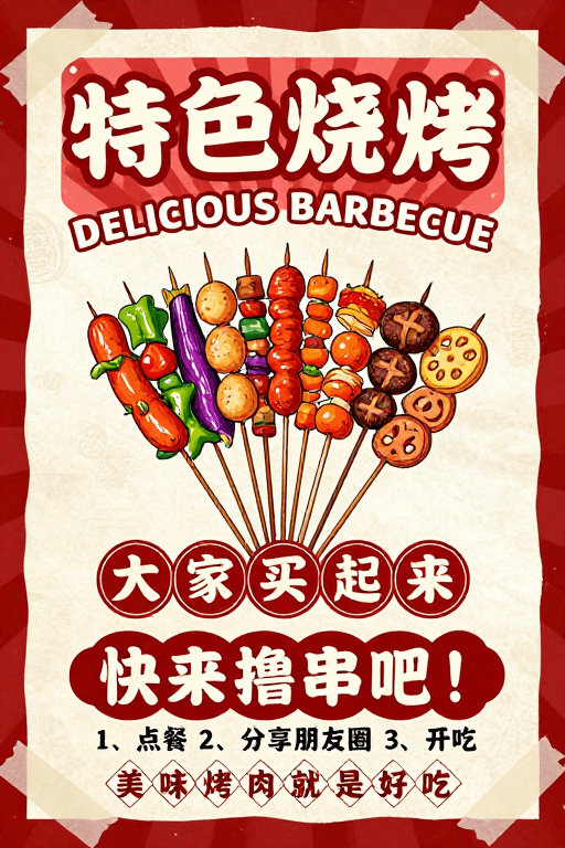 手绘插画素材：复古烧烤海报：怀旧风市井美食宣传