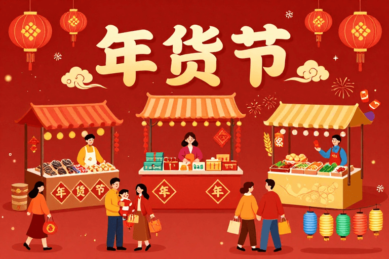 扁平手绘素材：中国风年货节市集插画