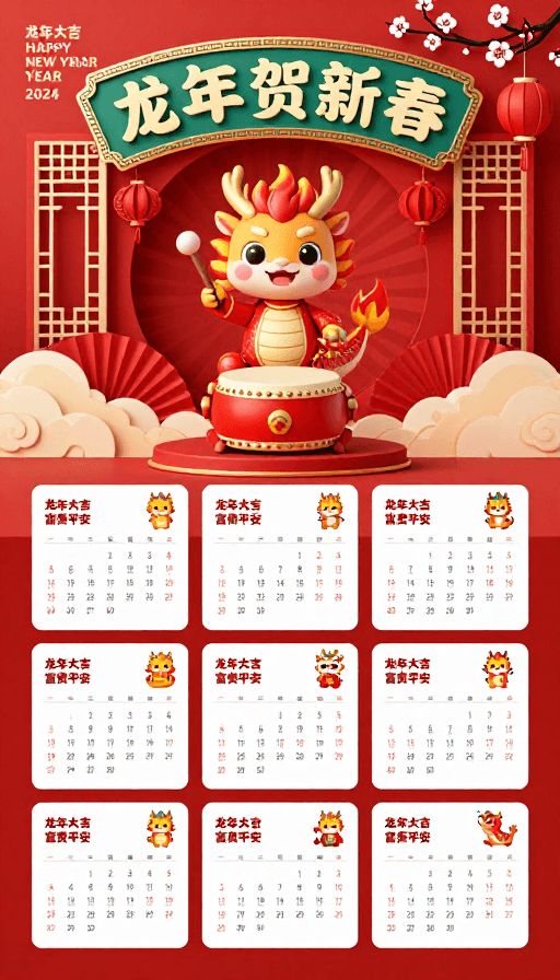 3D插画素材：龙年吉庆：传统风新年日历海报
