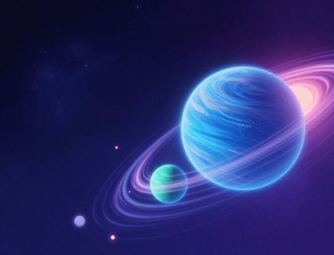 宇宙背景素材：梦幻星际：蓝紫宇宙中的神秘行星与星尘漩涡