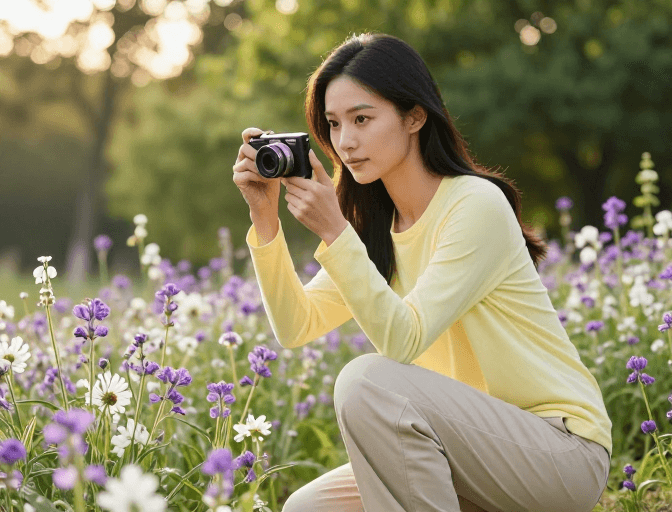 商业广告图素材：紫花丛中女性摄影师：自然光影人像摄影