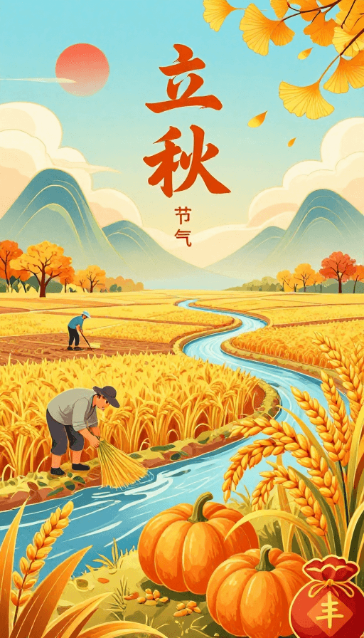 矢量艺术素材：新中式立秋丰收景——金黄稻浪与农人喜悦