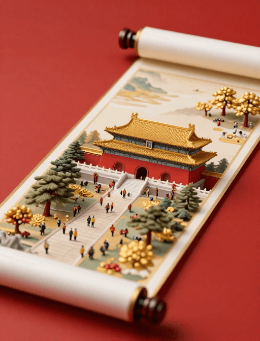 3D渲染素材：古韵今风：明孝陵宣纸画卷特写