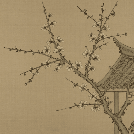 古建筑素材：明代工笔梅花绢本画：古韵留白与建筑之美