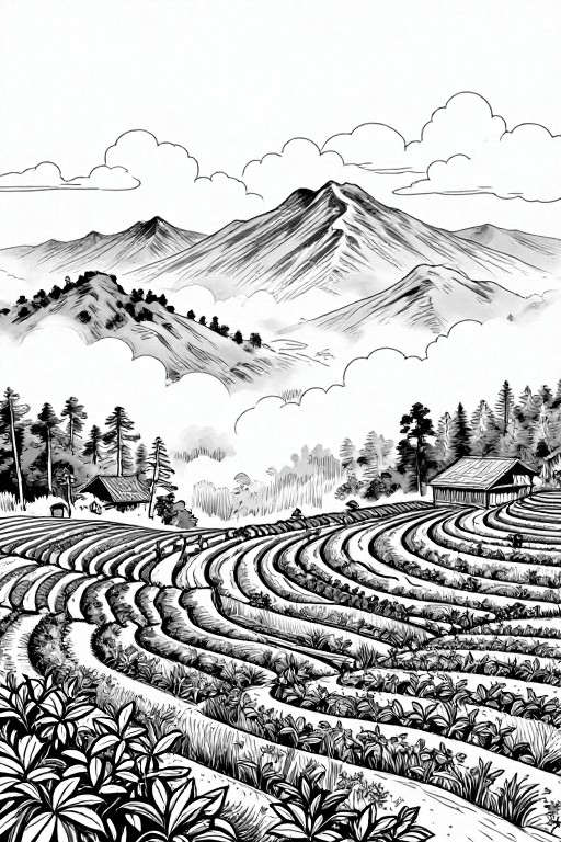 自然山水素材：刀刻线条勾勒南本老寨茶景，云雾缭绕意境深远