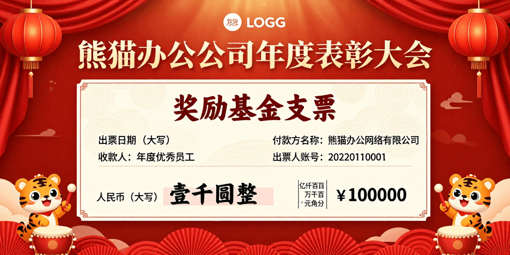 吉祥图案素材：喜庆红金中国风熊猫办公年度表彰海报设计
