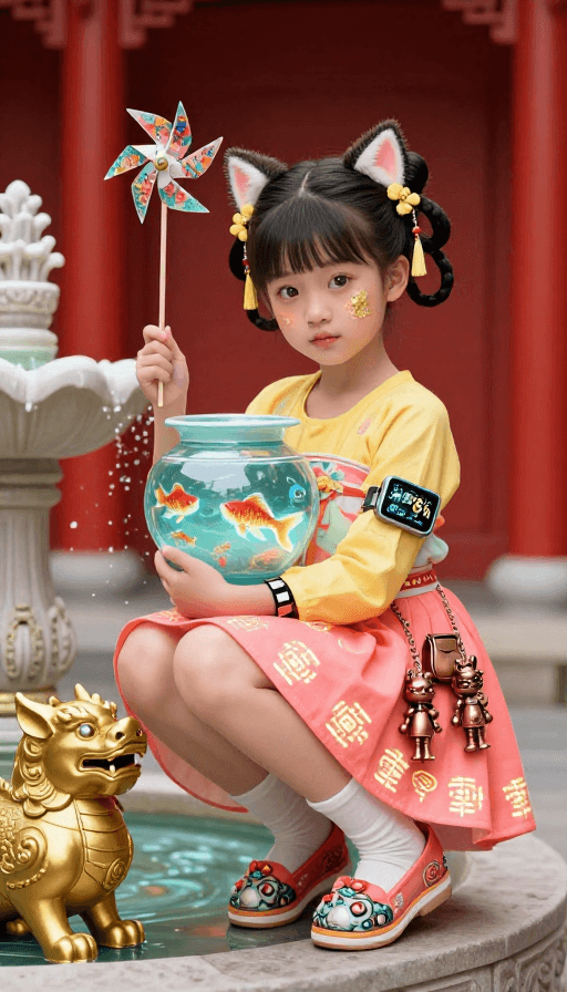 古风建筑素材：糖风少女与鎏金貔貅的奇幻年景