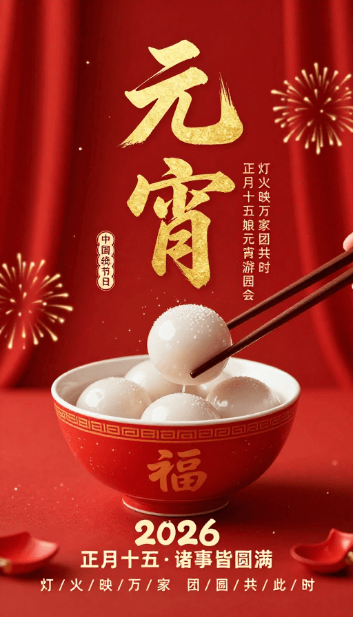 元宵节海报素材：中国风元宵节海报：红金配色团圆盛宴