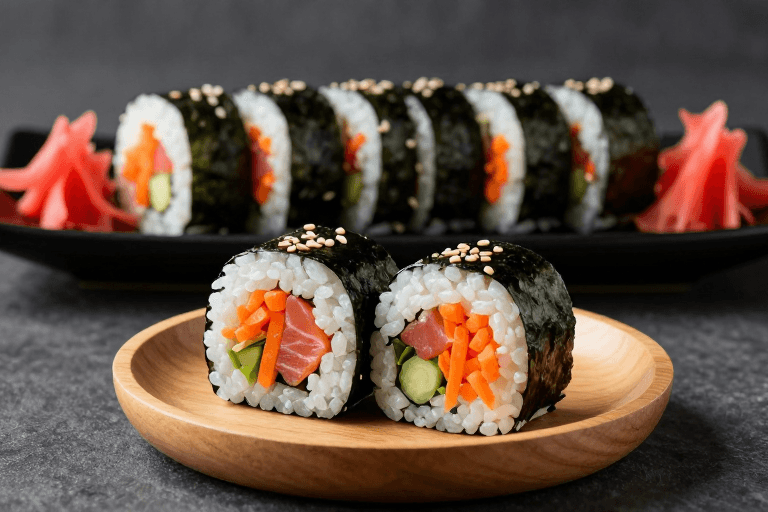 高级质感素材：精致寿司卷特写：深灰背景呈现日式美食高级质感