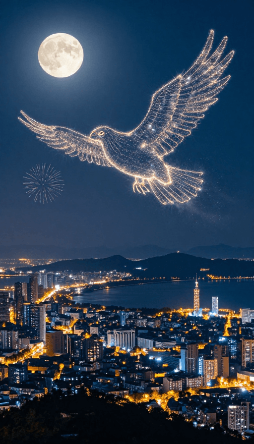 城市灯光素材：月光下的中国夜景：灯火星光中的神话大鹏