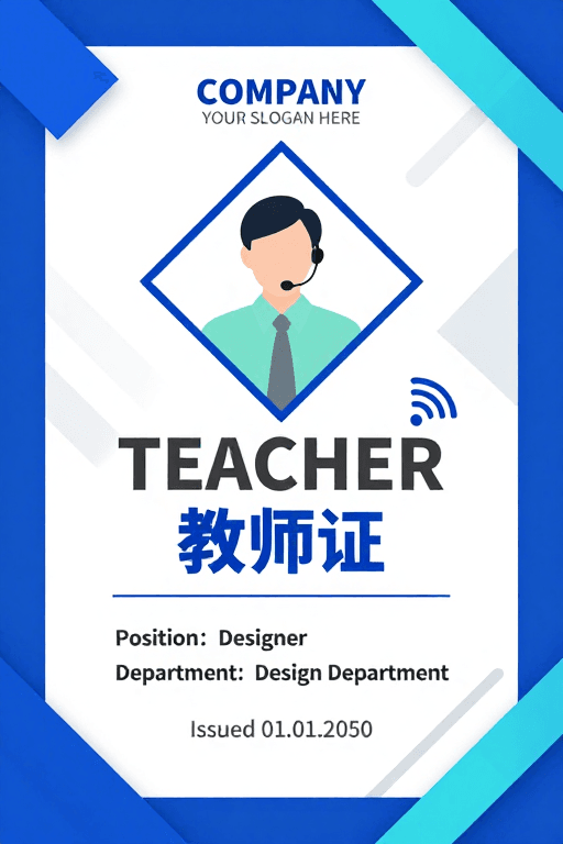 科技元素素材：蓝白几何线条点缀的现代简约商务教师证设计